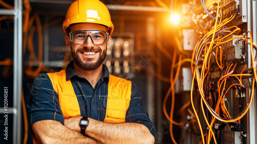 Confident Electrician: A skilled electrician, radiating confidence and expertise, stands proudly amidst a complex network of wires and machinery, embodying the dedication and precision of the trade.  photo