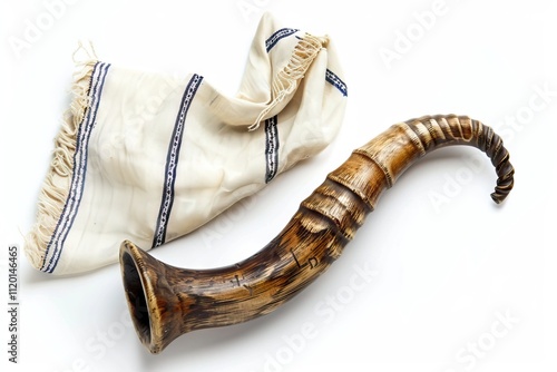 Shofar horn and tallit on a white background. Traditional symbol of the Jewish holiday. Top view photo