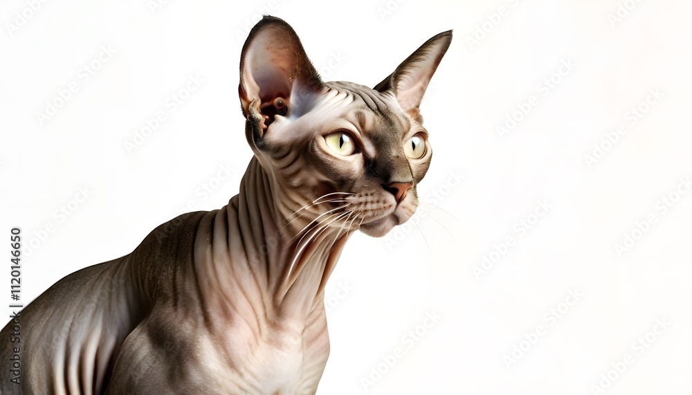Bald cat (Don Sphynx) close-up portrait in high resolution on plain white background. Place for text. Bald cat (Don Sphynx) close-up portrait in high resolution on plain white background. Place for text.
