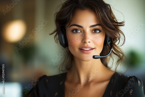 Confident call center representative engaging with clients in a modern office setting photo