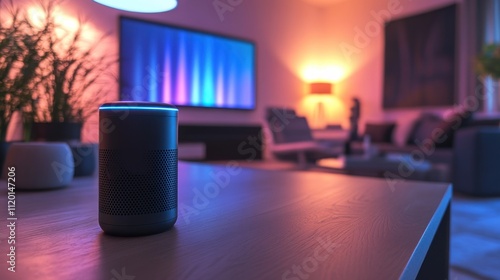 Smart Speaker in a Modern Living Room with Ambient Lighting