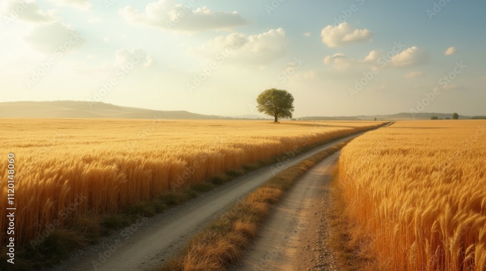 Fototapeta premium Serene Rural Dirt Road Through Golden Field