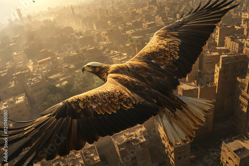 Wallpaper Mural Close-up of an eagle in flight with fully extended wings soaring over a historic cityscape bathed in golden light at sunrise
 Torontodigital.ca