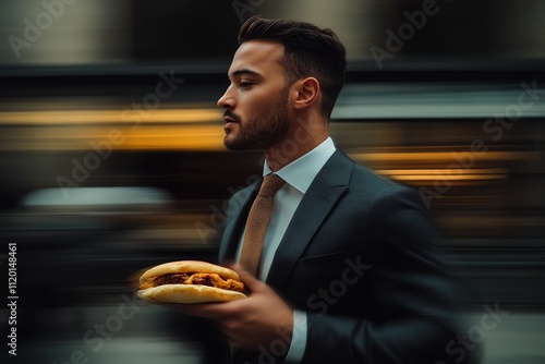 Businessman in suit hurries down city street while enjoying Shawarma during busy afternoon commute photo