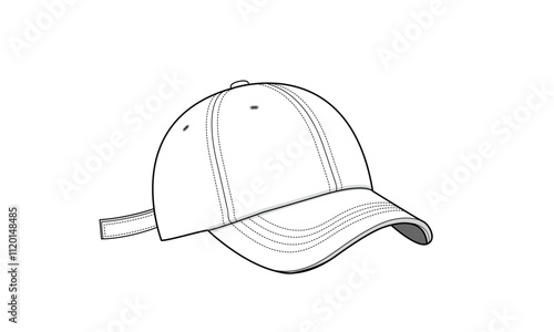 Classic Baseball Cap technical fashion illustration. baseball cap vector template illustration. 3/4 perspective view. curved brim. adjustable strap. unisex. white color. CAD mockup.
