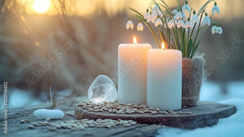 Serene Imbolc altar with white candles, snowdrops, and quartz crystals celebrating the awakening of spring photo