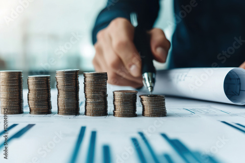 Hands analyzing financial data with stacked coins on a table for investment analysis. photo