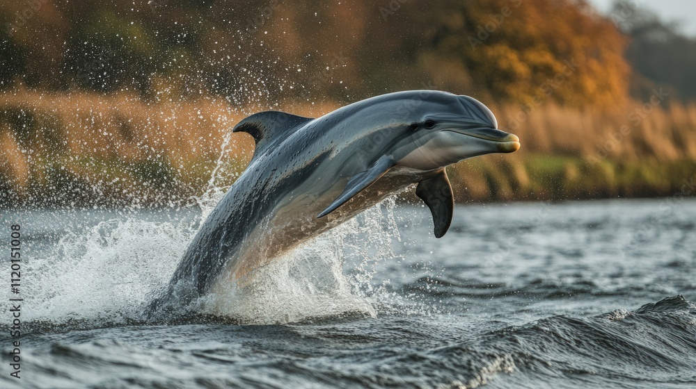 Obraz premium Dolphin leaping from water, splashing, sunset.