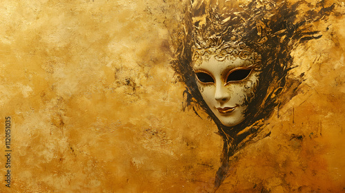 Venetian mask on a gold background. Venice masquerade for carnical and festivals photo