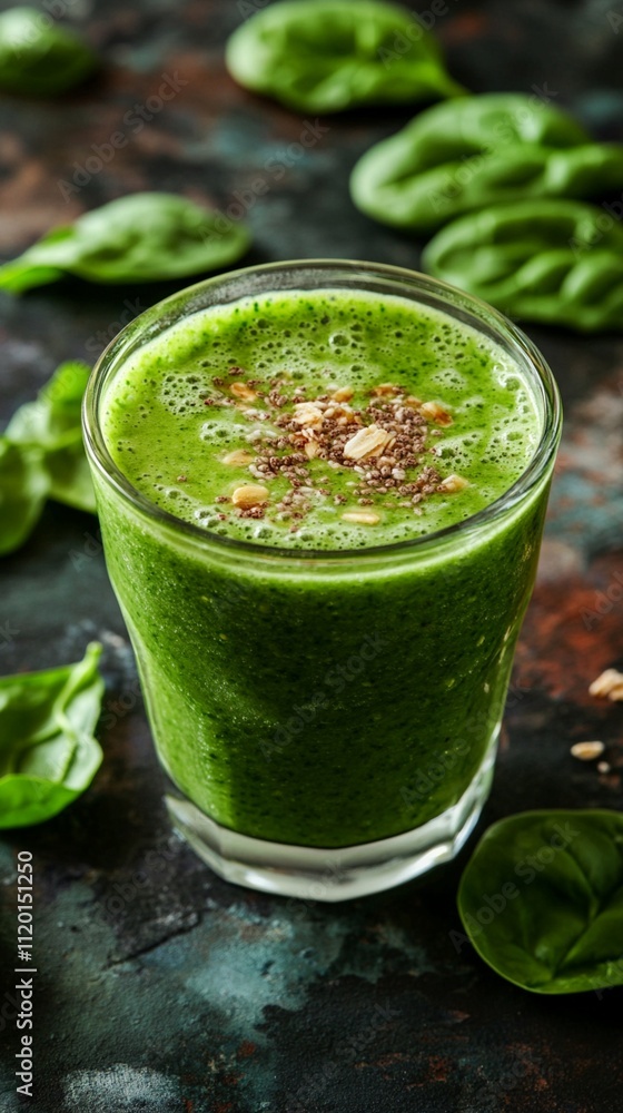 Refreshing green spinach smoothie in a glass, garnished with seeds, set against a dark rustic background, perfect for a healthy lifestyle and detox diet concept. Refreshing green spinach smoothie in a glass, garnished with seeds, set against a dark rustic background, perfect for a healthy lifestyle and detox diet concept.