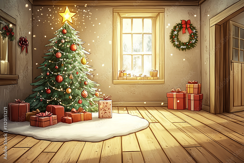 Cozy Christmas Scene with Decorated Tree and Gifts Cozy Christmas Scene with Decorated Tree and Gifts
