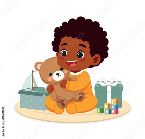 baby boy with teddy bear and gifts, toys