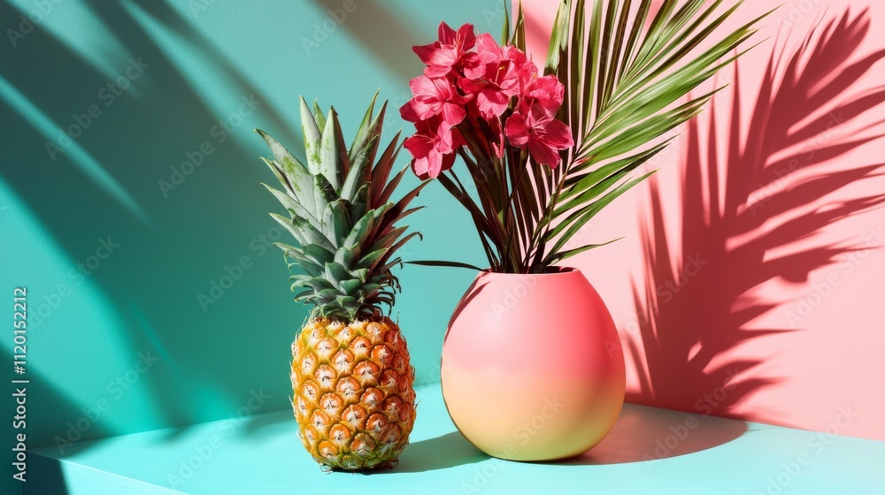 Fototapeta premium Pineapple and pink flowers against vibrant backdrop