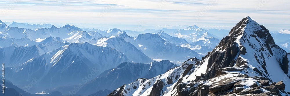 Fototapeta premium Panoramic view of snow-covered steep peaks with a backpacker exploring the mountains, peak, nature