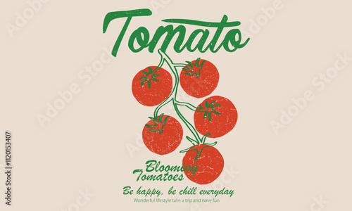 Red tomato vintage t-shirt design. Organic vegetable farm. Tomato vegetable artwork for t shirt print, poster, sticker and other uses. Fresh vegan food. Blooming tomatoes art.