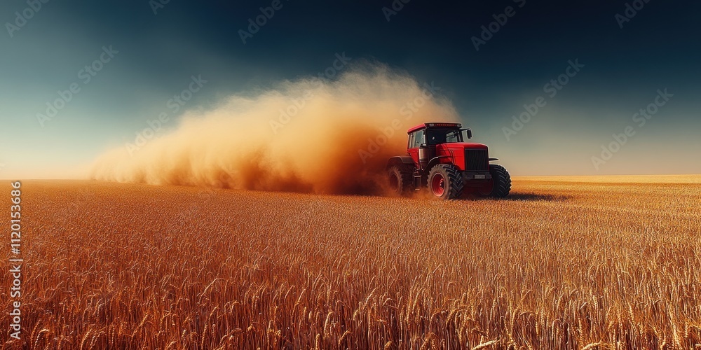 Fototapeta premium Red Tractor Driving Through a Wheat Field