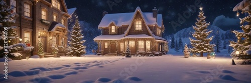 A beautiful Christmas Eve scene featuring a snow-covered landscape, twinkling lights, and sparkly decorations, holiday decorations, glitter, peaceful ambiance