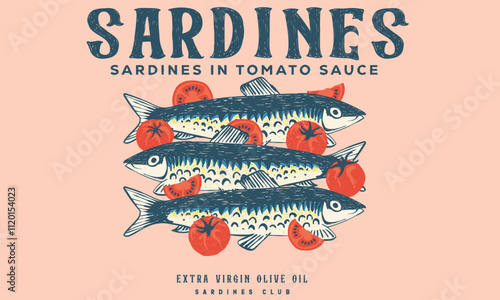 Sardines in tomato sauce. Fish vintage artwork. Sardines fish artwork for t shirt print, poster, sticker and other uses. Seafood t shirt design.