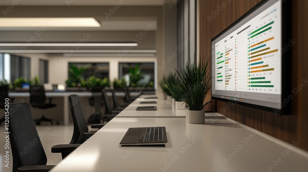 A modern office workspace featuring a desk, a computer monitor displaying graphs, and indoor plants, promoting productivity and a pleasant environment. A modern office workspace featuring a desk, a computer monitor displaying graphs, and indoor plants, promoting productivity and a pleasant environment.