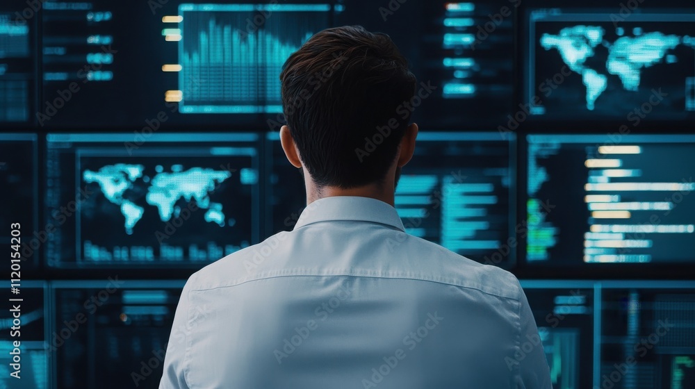 A professional analyzing data on multiple screens in a dark room, showcasing modern technology and a focus on information processing. A professional analyzing data on multiple screens in a dark room, showcasing modern technology and a focus on information processing.