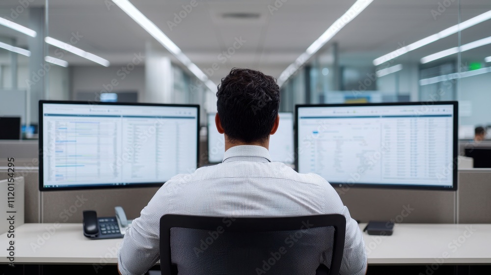 A person sits at a desk in an office, working on two computer monitors displaying data and information. A person sits at a desk in an office, working on two computer monitors displaying data and information.