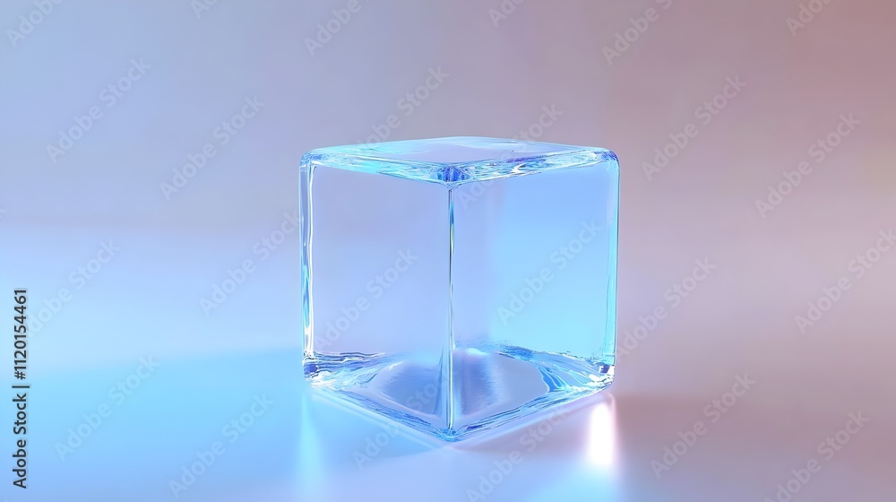 3d digital glass prism cube. A perfectly symmetrical, transparent glass cube with smooth surfaces and glowing reflections, resting on a light blue gradient background. 3d digital glass prism cube. A perfectly symmetrical, transparent glass cube with smooth surfaces and glowing reflections, resting on a light blue gradient background.