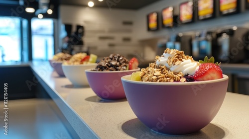 Four acai bowls with various toppings sit on a counter in a cafe.