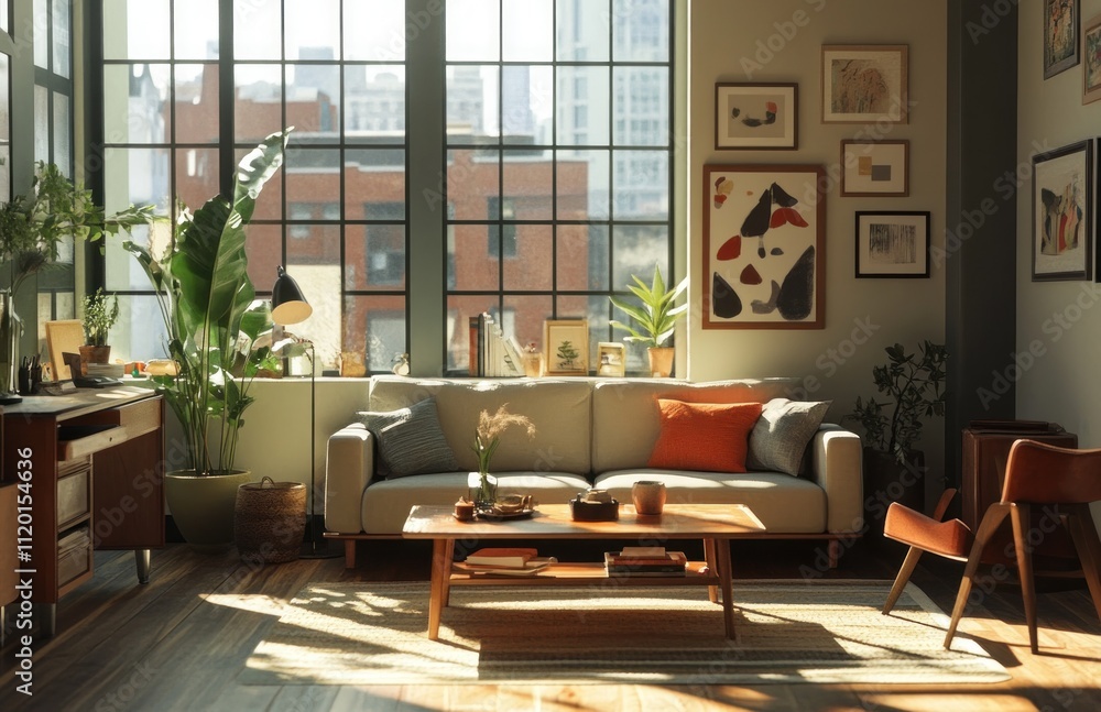 Sunlit living room with mid-century modern furniture, plants, and city view. Sunlit living room with mid-century modern furniture, plants, and city view.