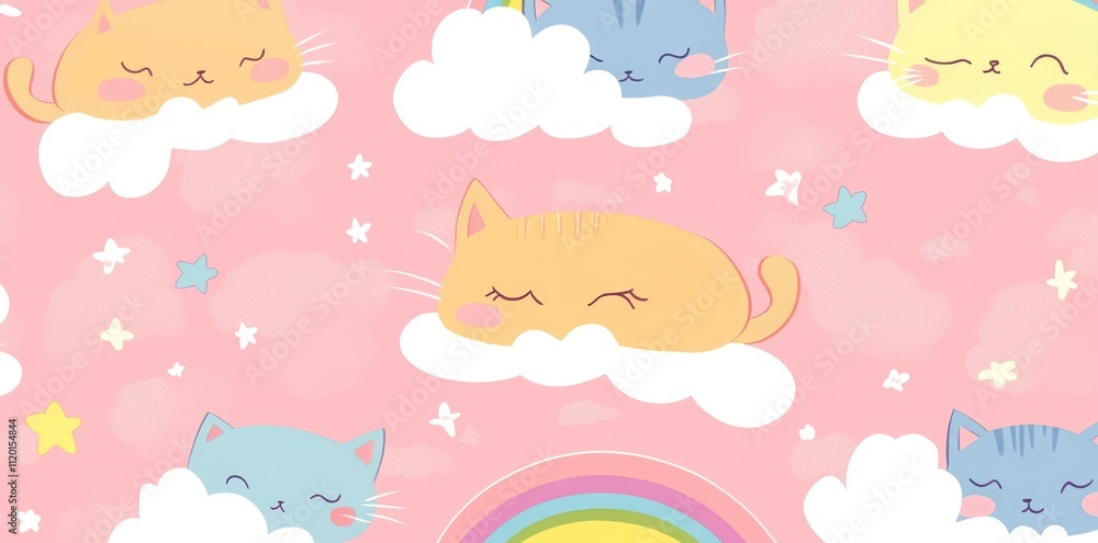 Adorable Sleeping Kittens on Pink Clouds and Rainbow Adorable Sleeping Kittens on Pink Clouds and Rainbow