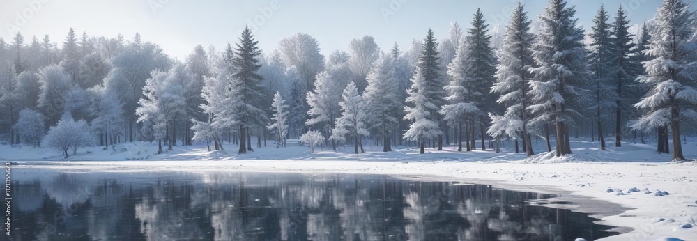 Obraz premium A winter wonderland scene with snow-covered trees and a frozen lake, frozen lake, snowy woods