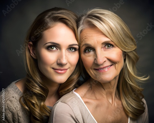 Two women, one younger and one older, pose closely together, exuding warmth and joy through their radiant smiles, capturing a moment of familial love and togetherness