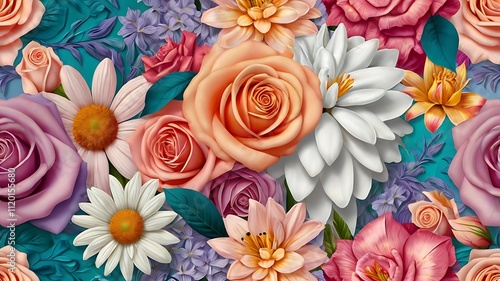 Vibrant Floral Swirl Wallpaper with Roses, Daisies, and Lilies