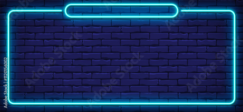Horizontal blue neon frame on brick wall