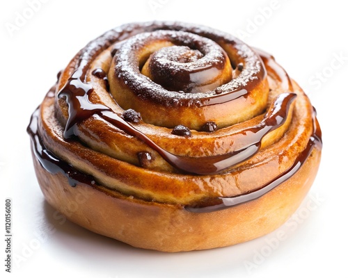 A delectable cinnamon roll sits invitingly, adorned with glossy chocolate drizzle and a sprinkle of sweetness, promising a melt-in-your-mouth experience. Perfect for dessert or breakfast