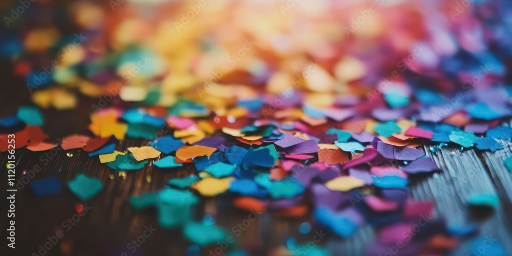 A close-up of multicolored confetti pieces in every shade of the rainbow scattered across a table. A close-up of multicolored confetti pieces in every shade of the rainbow scattered across a table.