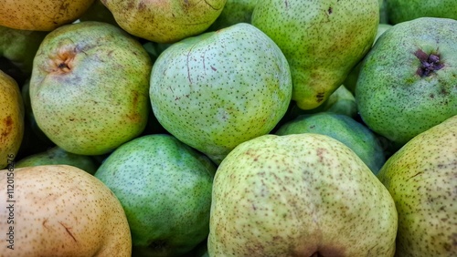 Guava fruits (Psidium Guajava). Close up of green Guava fruits in group and sale in fresh market. Tropical fruits. 