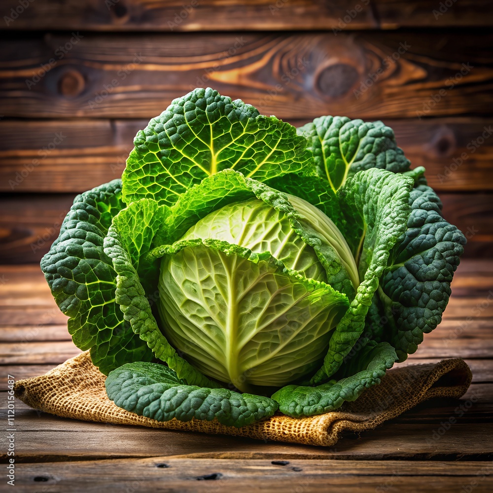 Fototapeta premium Vibrant, leafy cabbage sits on a textured burlap cloth against a backdrop of weathered wood, showcasing its healthy, fresh appearance in natural light