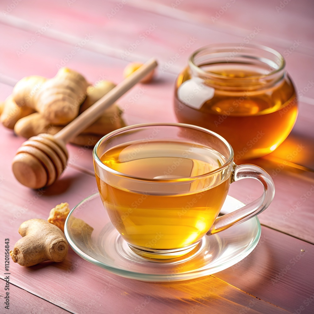 Warm sunlight bathes a wooden table as a cup of ginger tea sits invitingly beside fresh ginger and a jar of honey, creating a cozy afternoon experience of comfort and flavor Warm sunlight bathes a wooden table as a cup of ginger tea sits invitingly beside fresh ginger and a jar of honey, creating a cozy afternoon experience of comfort and flavor