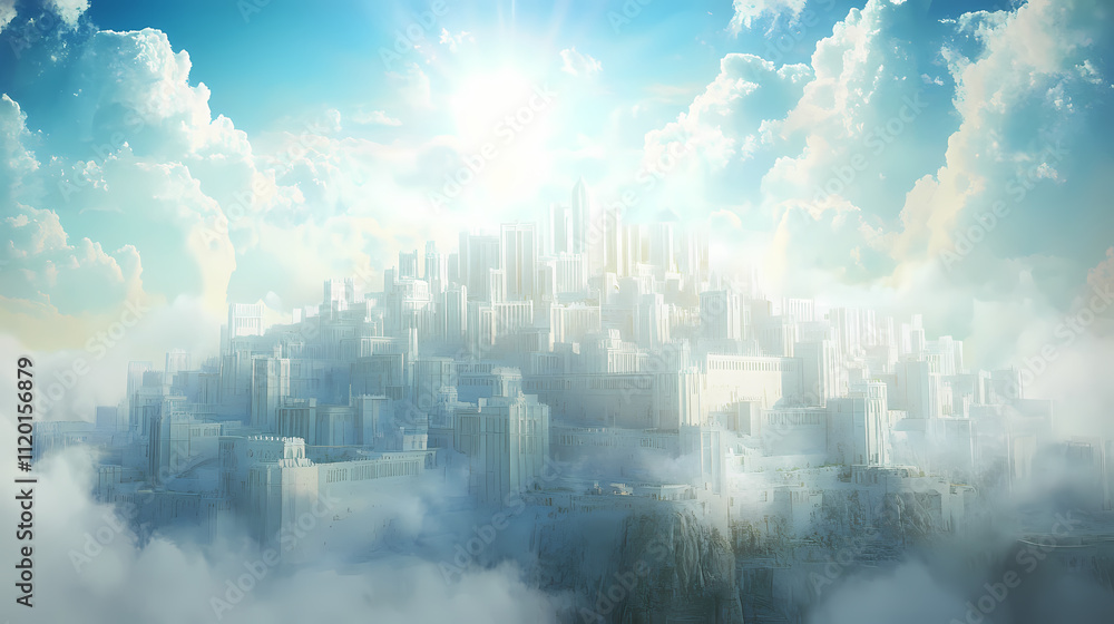 Fototapeta premium The heavenly new jerusalem a promise for god's people. concept hope, promise, new jerusalem, god's people with white shades, png. Seraphic. Illustration