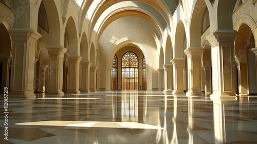  A photo of the interior vaulted ceiling and columns in an enormous white marble building