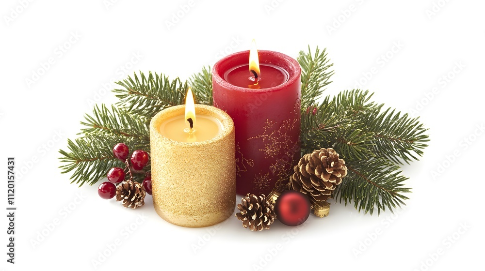 Christmas candle and decoration on a white background with copy space, in red and gold colors, with green tree branches, creating a festive atmosphere, a holiday concept banner design. Christmas candle and decoration on a white background with copy space, in red and gold colors, with green tree branches, creating a festive atmosphere, a holiday concept banner design.