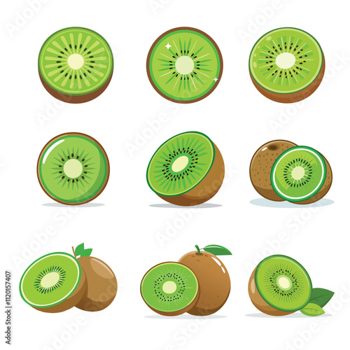 vector Fresh kiwi fruit illustrations with vibrant green flesh and brown skin