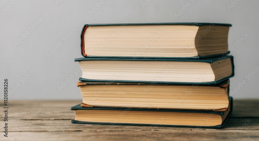 Stacked old books on wooden table neutral background Stacked old books on wooden table neutral background