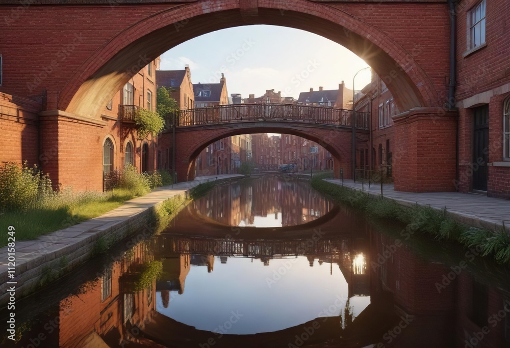 Canalside arch bridge with red brick buildings and reflections of warm evening sunlight, reflections, canal bridge, warm sunlight Canalside arch bridge with red brick buildings and reflections of warm evening sunlight, reflections, canal bridge, warm sunlight