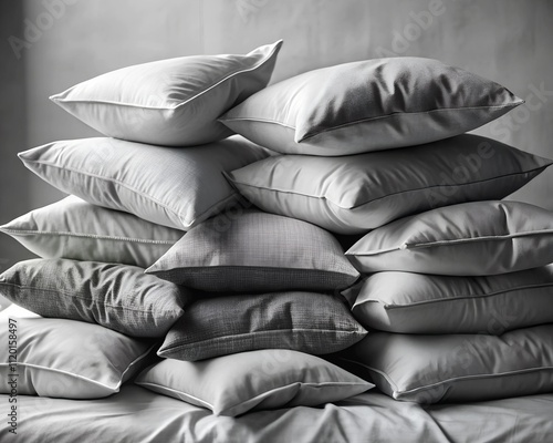 Soft gray pillows are stacked high on a plush bed, creating a mountain of comfort in a tranquil bedroom. The minimalist decor enhances the cozy, calm ambiance perfect for relaxation photo