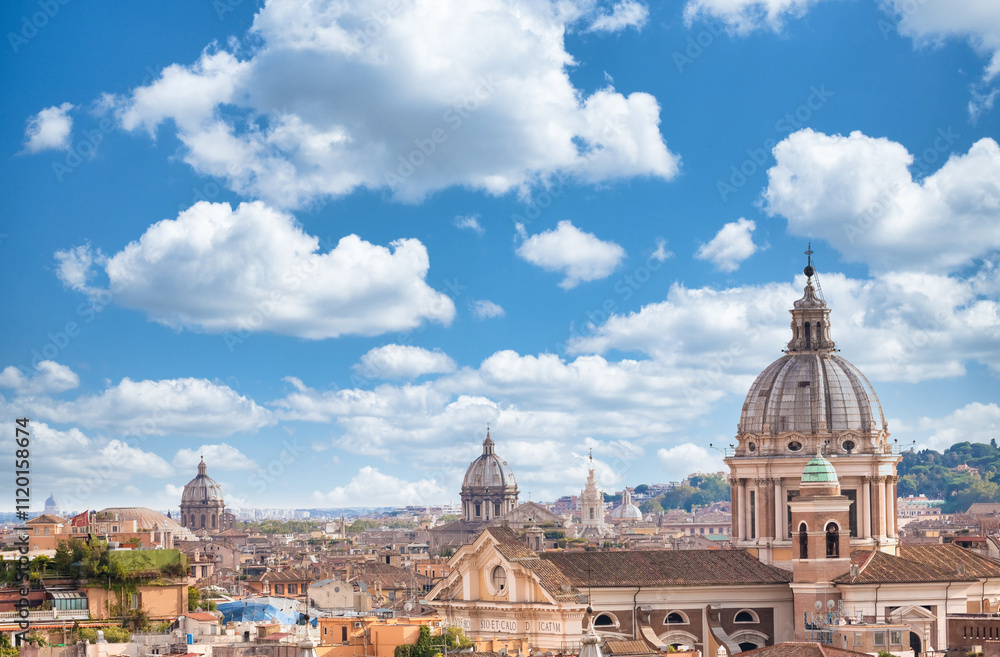 Fototapeta premium Rome, Italy. Urban landscape, blue sky with clouds, church exterior architecture