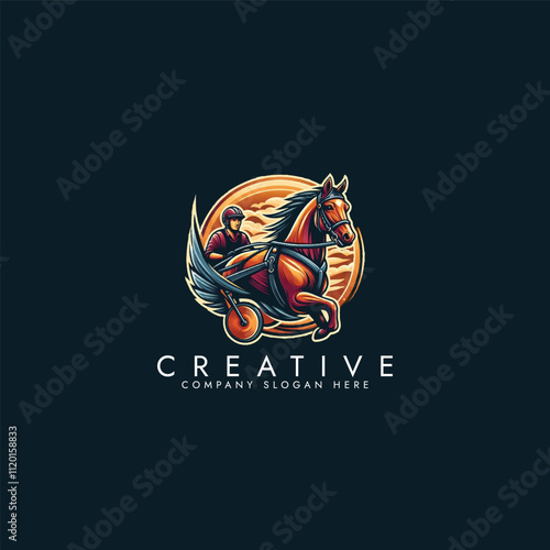 Harness racing horse and chariot, vintage horse racing logo vector design