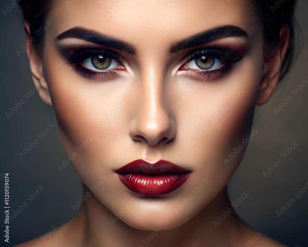 A stunning model stares directly at the viewer with striking green eyes, surrounded by expertly applied makeup featuring deep red lips and bold eye shadow A stunning model stares directly at the viewer with striking green eyes, surrounded by expertly applied makeup featuring deep red lips and bold eye shadow