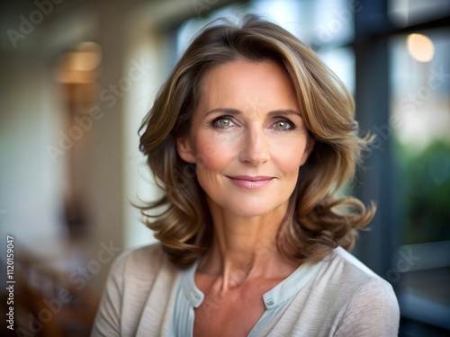 Wallpaper Mural A mature woman with flowing hair and a radiant smile stands indoors, surrounded by soft light and stylish decor Torontodigital.ca