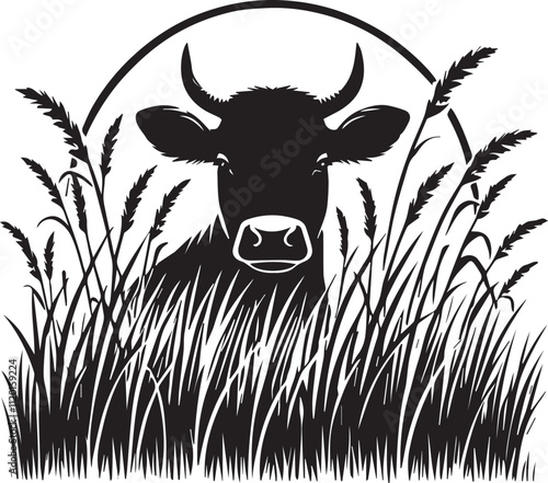 A cow peeking out from tall grass vector black silhouette